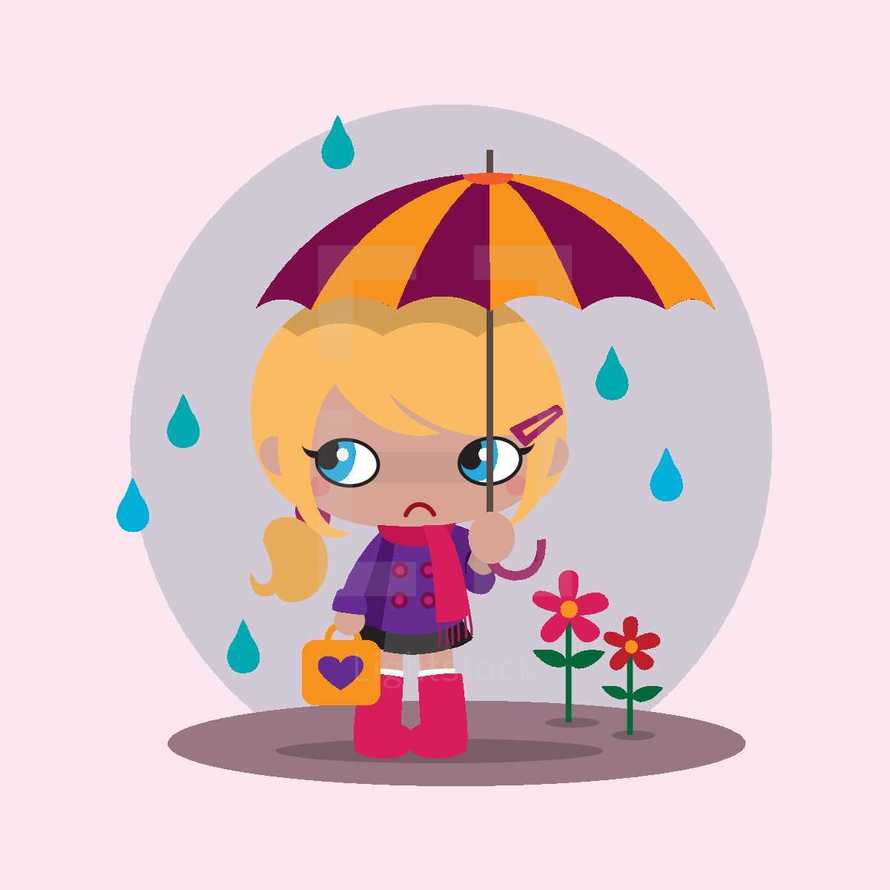 a girl in the rain with an umbrella and rain boots 