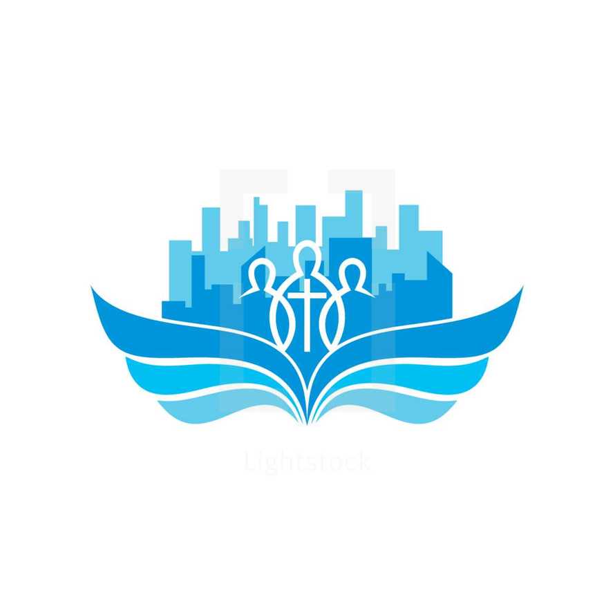 city buildings, blue, wings, people, missions, church, cross, logo, icon