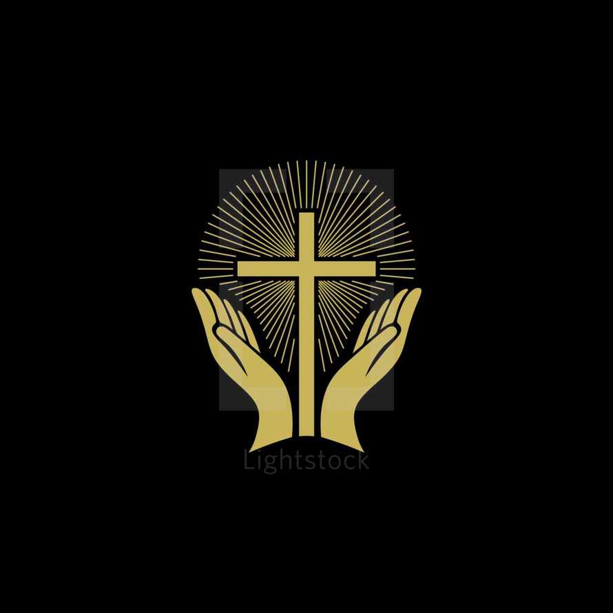 Church logo. Christian symbols. Hands turned to the cross of the Savior Jesus Christ