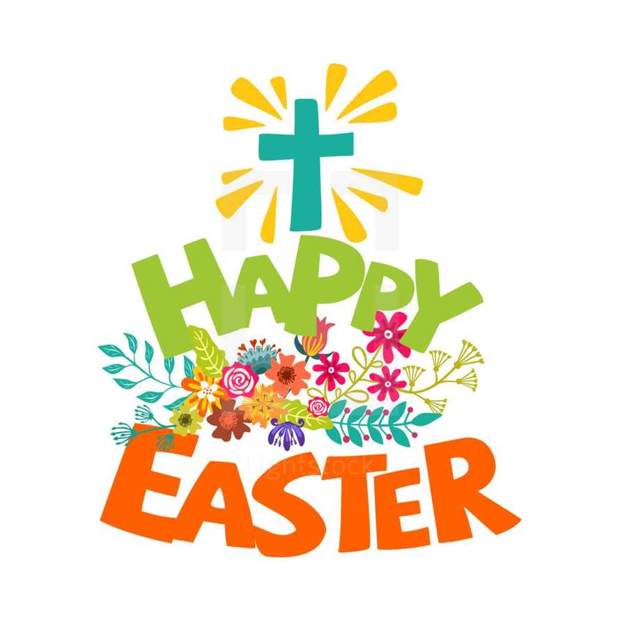 Happy easter. Lettering and graphic elements. Cross of Jesus Christ.