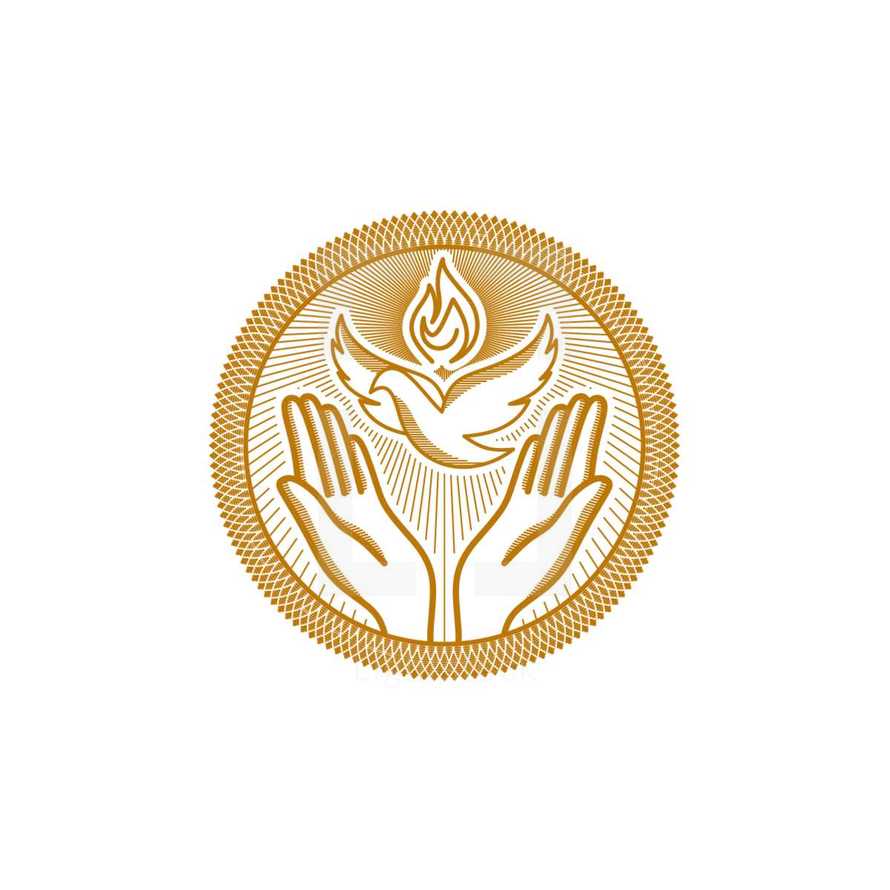 Church logo. Christian symbols. The symbols of the Holy Spirit are the dove and the flame, and below are praying hands.