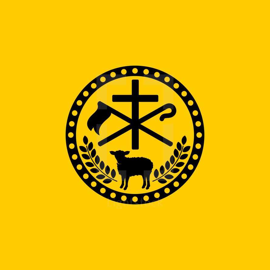 Christian symbols. The cross of Jesus Christ, the sacrificial lamb and the shepherds staff.