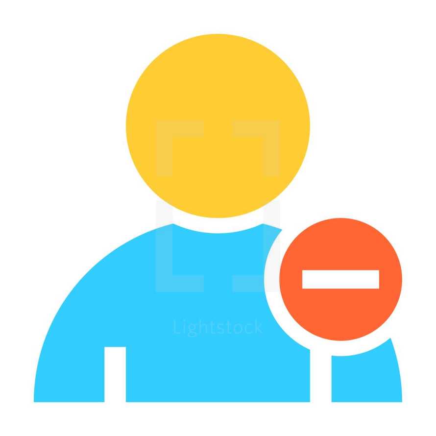 rejected. Person user icon with minus symbol. Member sign. Avatar button. Man pictogram. Web internet icon created in trendy flat style. Quick and easy recolorable shape isolated on white background. The graphic element saved as a vector illustration in the EPS file format for used in your design projects. 