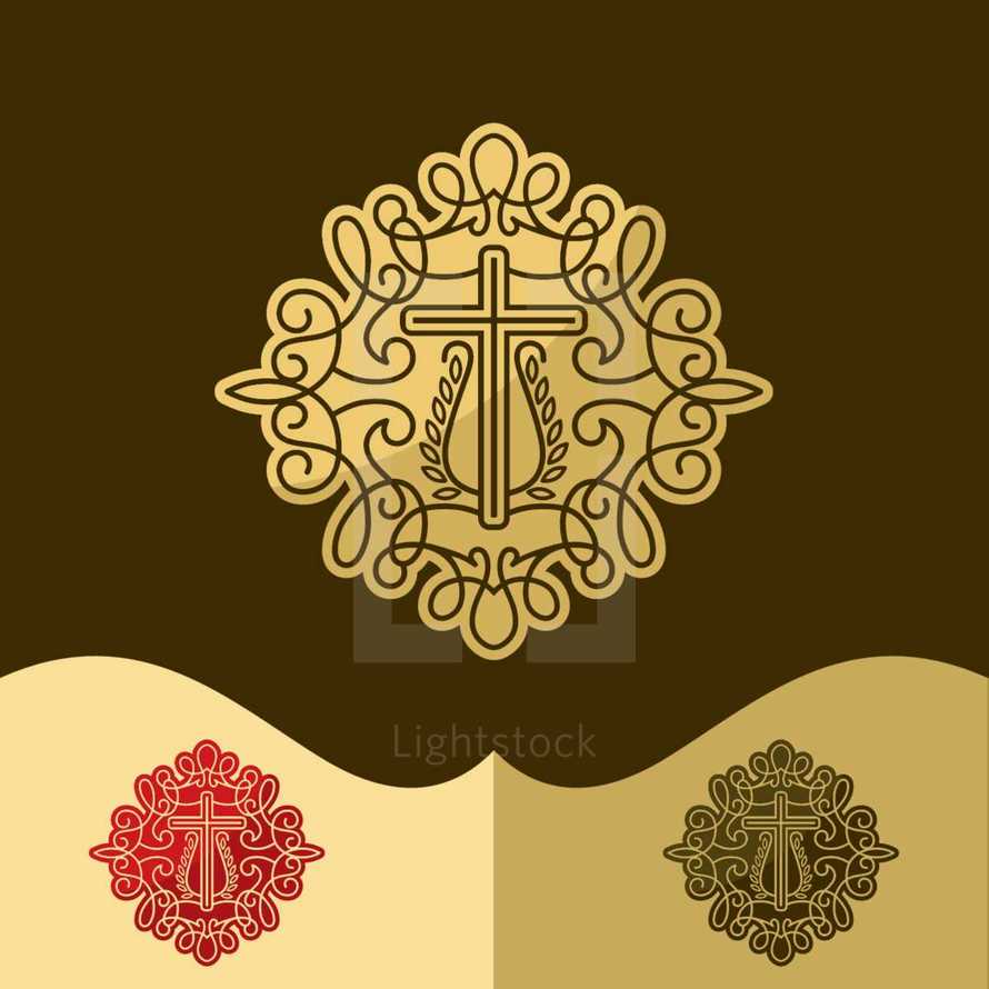 cross, olive branch, vines, icon, logo