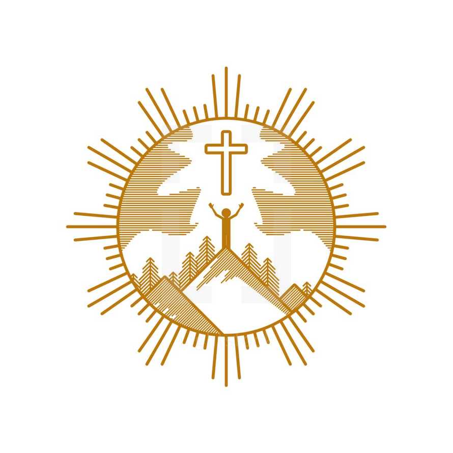 Church logo. Christian symbols. The man on the mountain worships Jesus Christ.