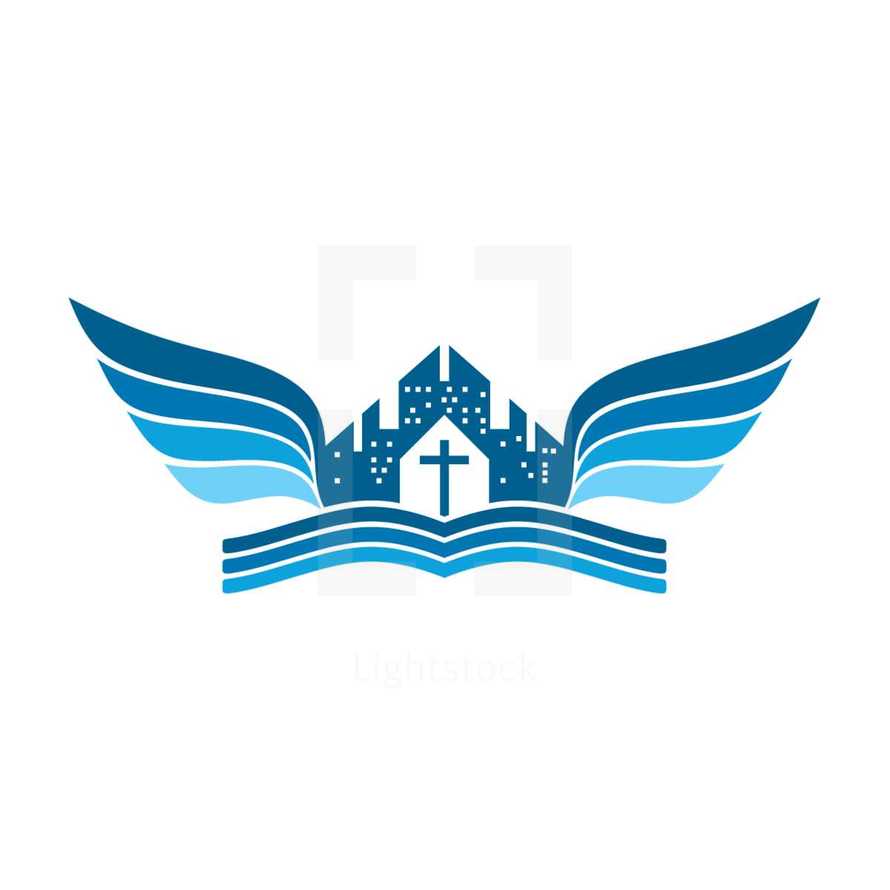 city, buildings, wings, church, Bible, blue, logo, icon