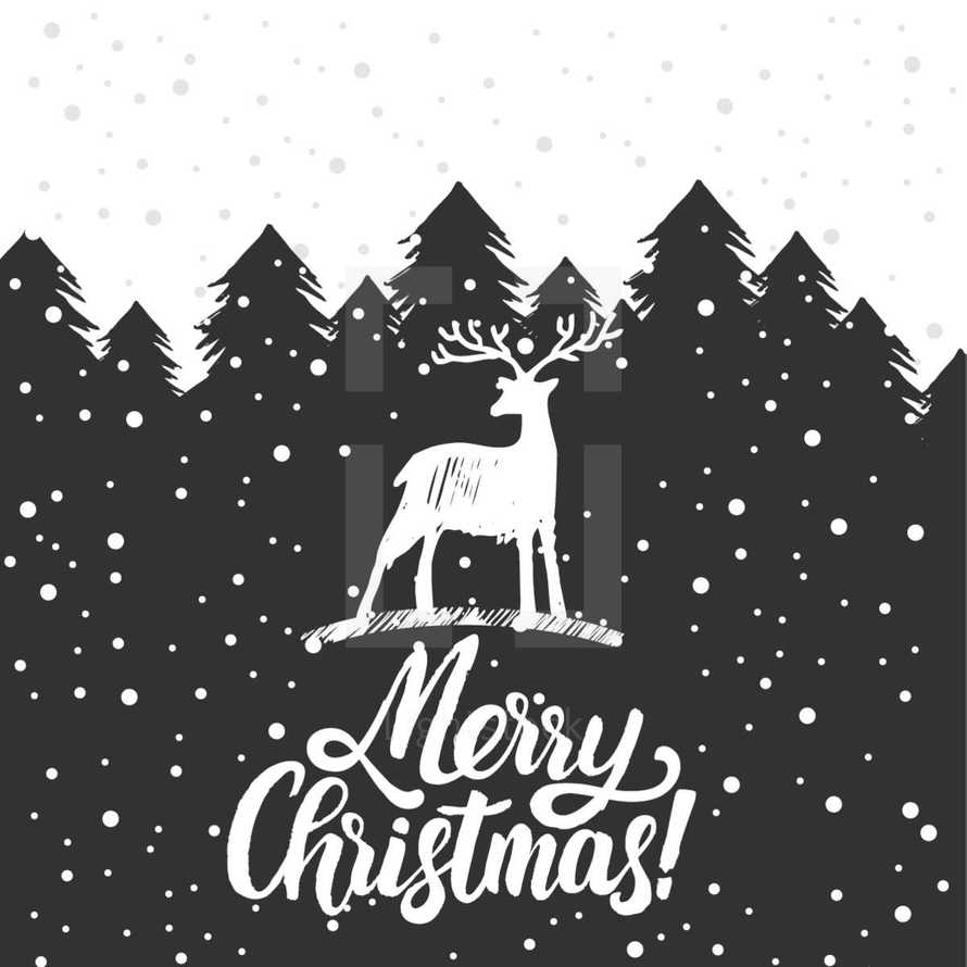 Christmas trees covered with snow, deer, lettering Merry Christmas.