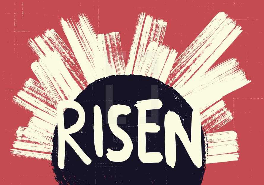 Risen lettering on a tomb graphic