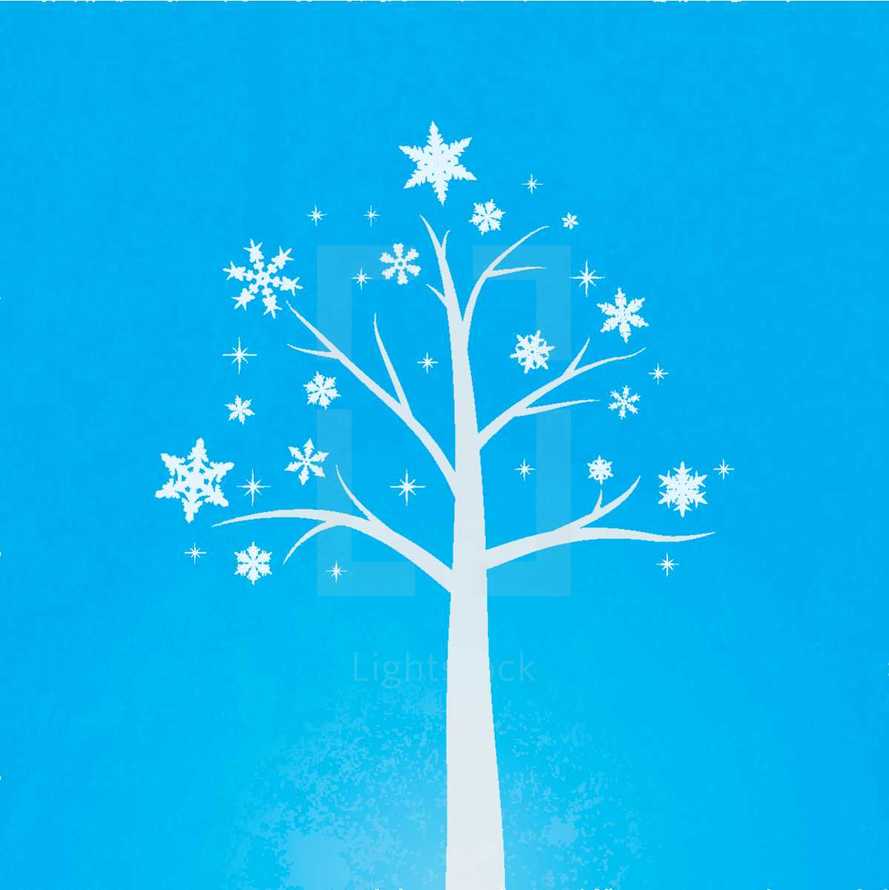 blue tree with snow flakes 