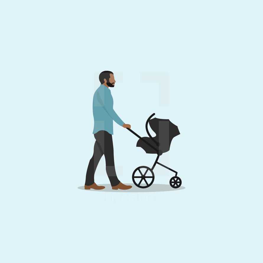 a man pushing a baby carriage 