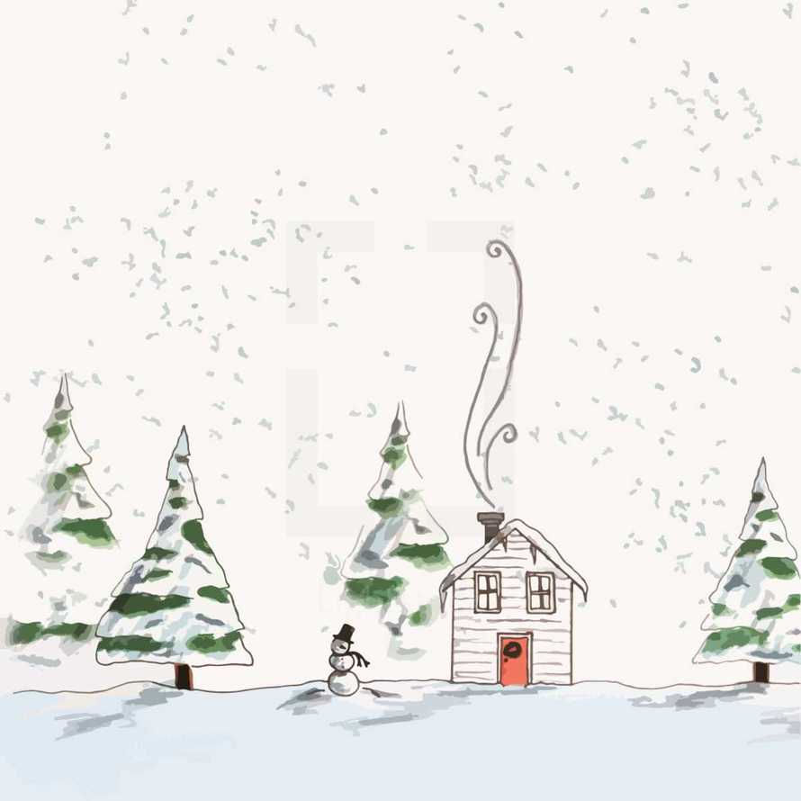 smoke from a chimney on a house and snowman in snow 