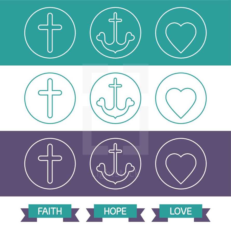 faith, hope, love, cross, icon, badges, icons, heart