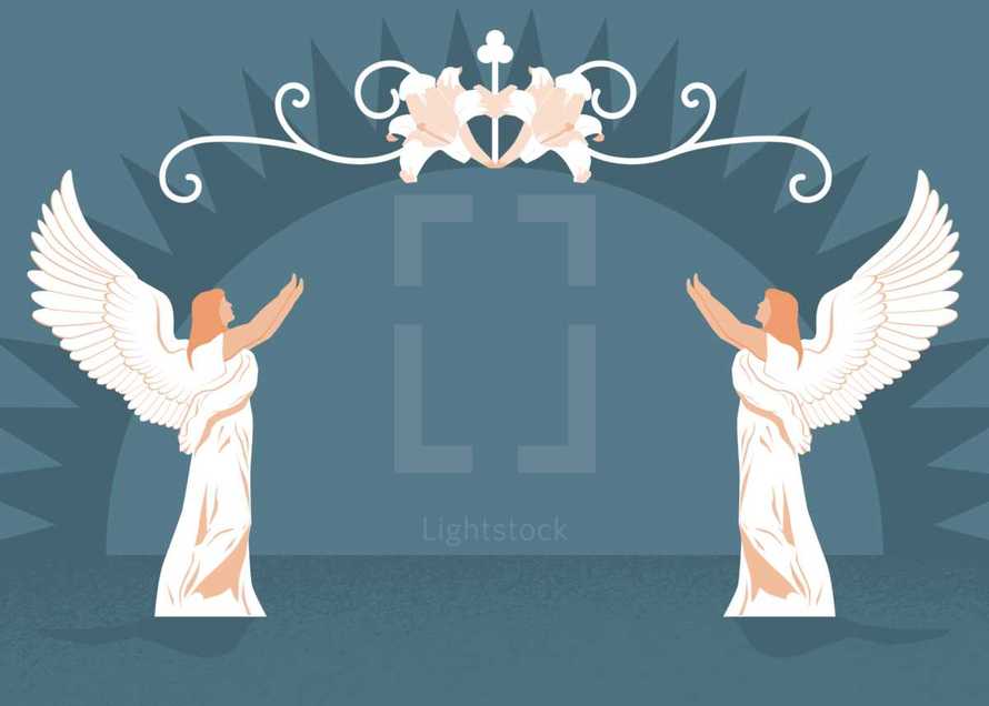 And Easter or Christmas background illustration with an angel on either side, flower flourish and a sun rise.  