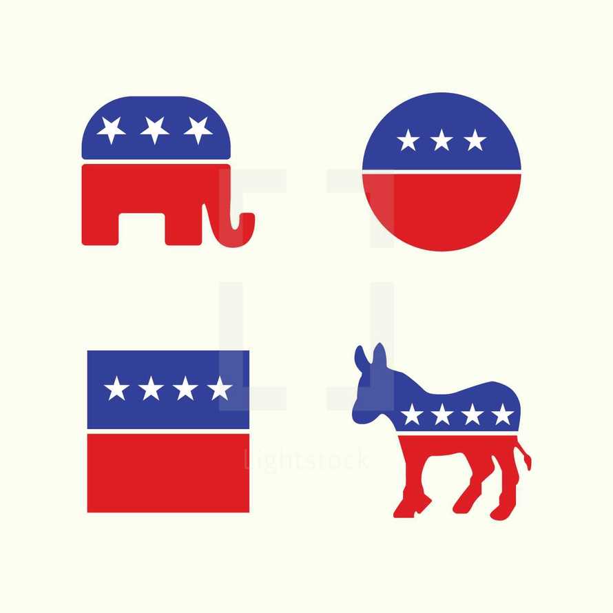 donkey, red, white, blue, elephant, democrats, republicans, icon, politics, politicians, election day, voting