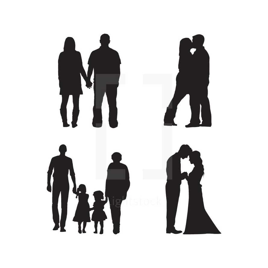 family, silhouettes, bride, groom, child, man, woman, brother, sister, mother, father, son, daughter, love, kissing, holding hands