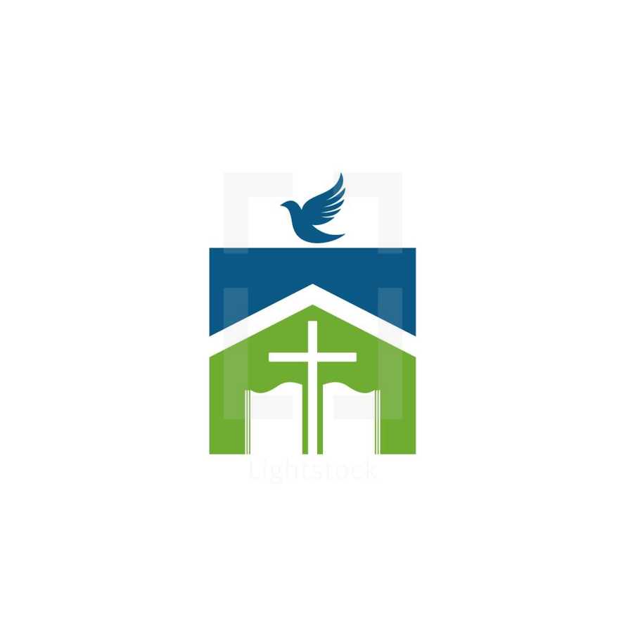church, cross, Bible, dove, logo 
