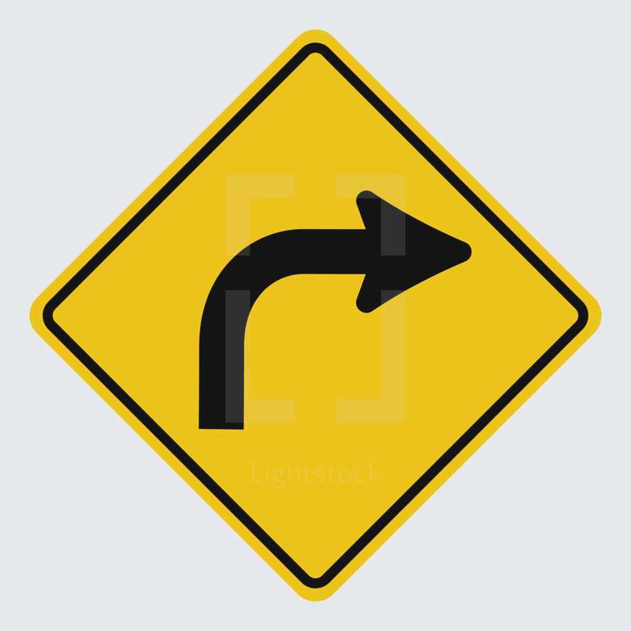 yellow turn road sign 