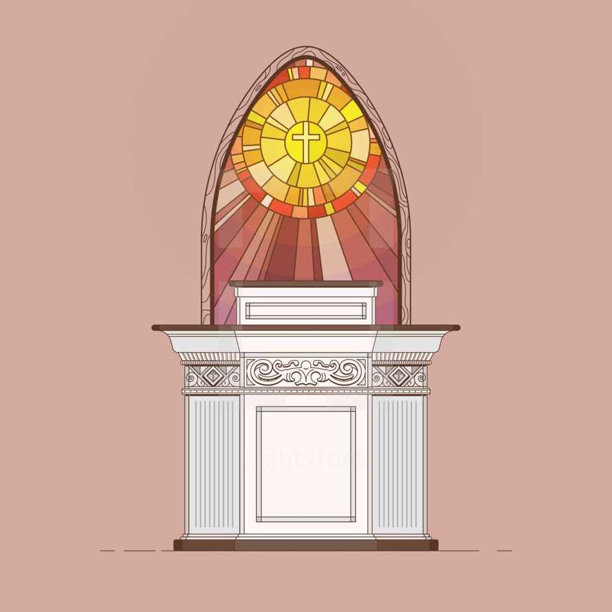 A classic pulpit vector illustration featuring a stained glass backdrop.