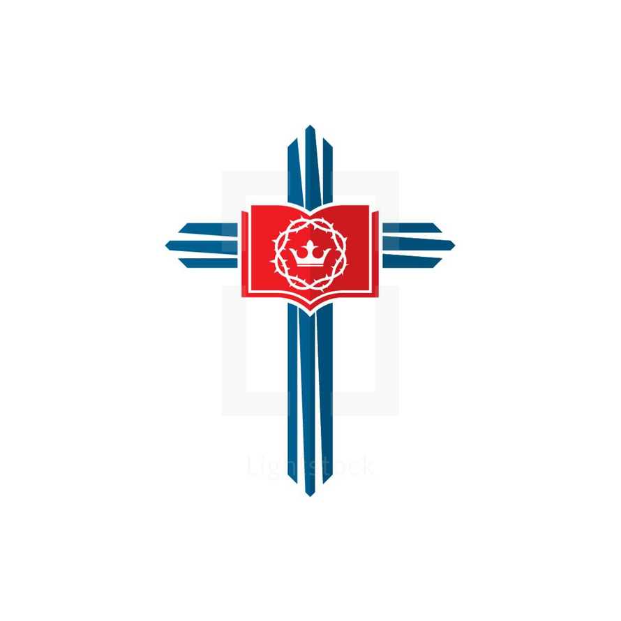 cross, Bible, crown of thorns, crown, blue, red, white, icon