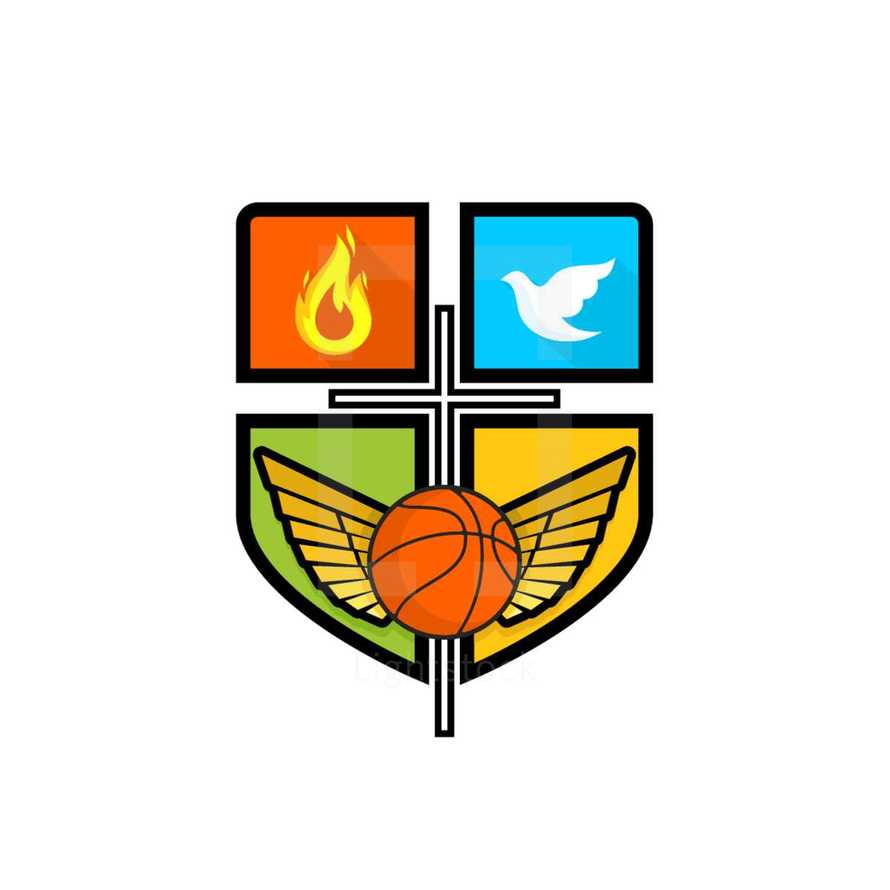 sports, basketball, cross, shield, flames, and dove icon 
