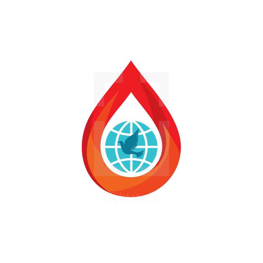 tongue of fire, dove, globe, blood drop, missions, icon, logo