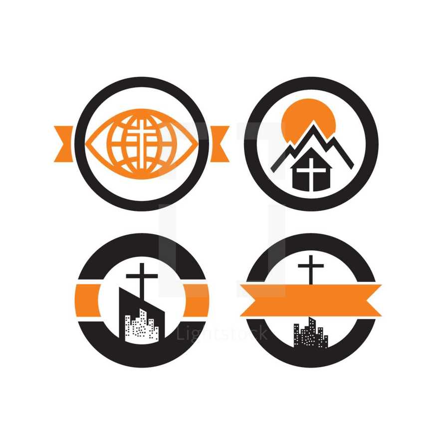 logo, cross, badge, banner, church, city, globe, eye, missions, mountain, sunrise, camp 