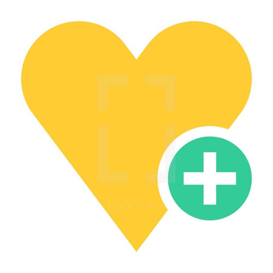 heart + symbol. Yellow heart icon favorite sign liked button with green plus pictogram created in trendy flat style. Quick and easy recolorable shape isolated from the white background. The design graphic element saved as a vector illustration in the EPS file format for used in your design projects. 