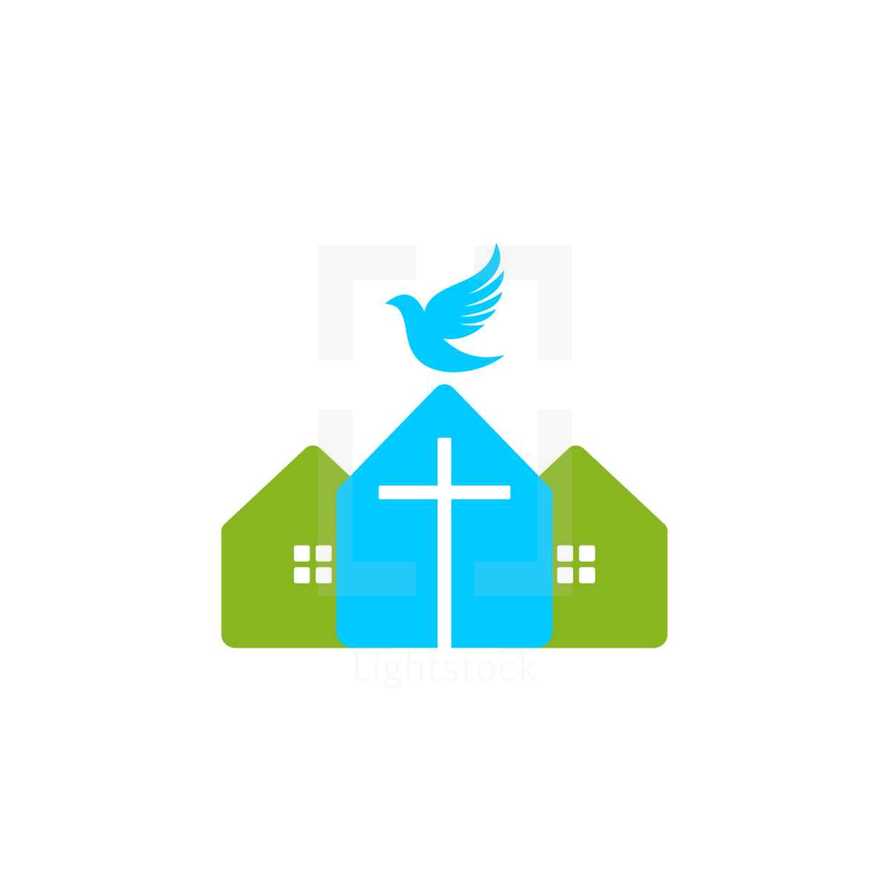 church and homes with dove 