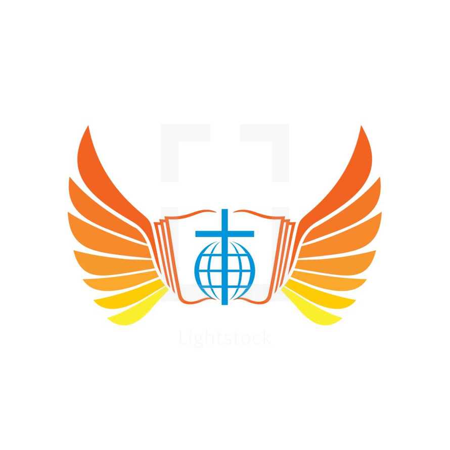 logo, wings, cross, yellow, Bible, icon, blue, globe, missions 