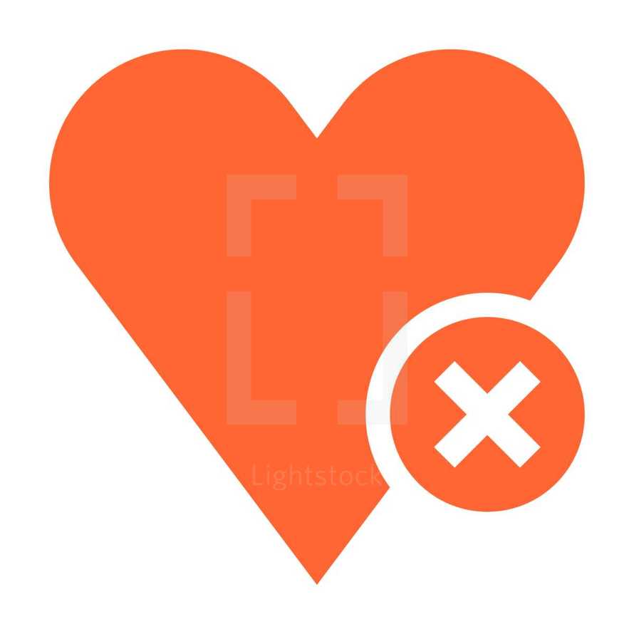 no love match sign. Red heart icon favorite sign liked button with red delete pictogram created in trendy flat style. Quick and easy recolorable shape isolated from the white background. The design graphic element saved as a vector illustration in the EPS file format for used in your design projects. 
