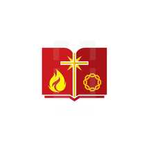 open Bible, red, yellow, crown of thorns, cross, icon, flame, Bible