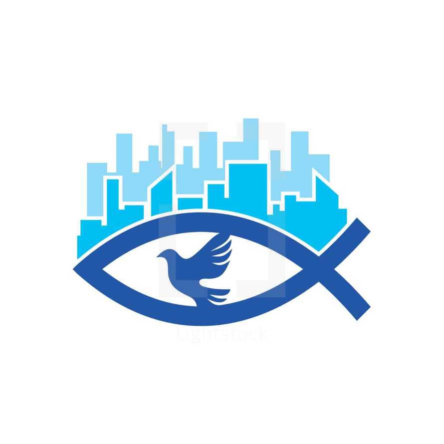 Jesus fish, dove, city, skyscrapers, eyeball, missions, vision, blue 