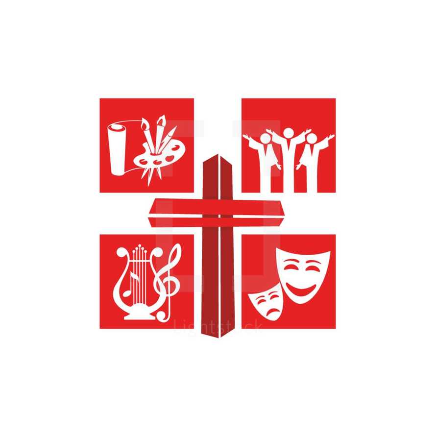cross, harp, art, theater, choir, logo
