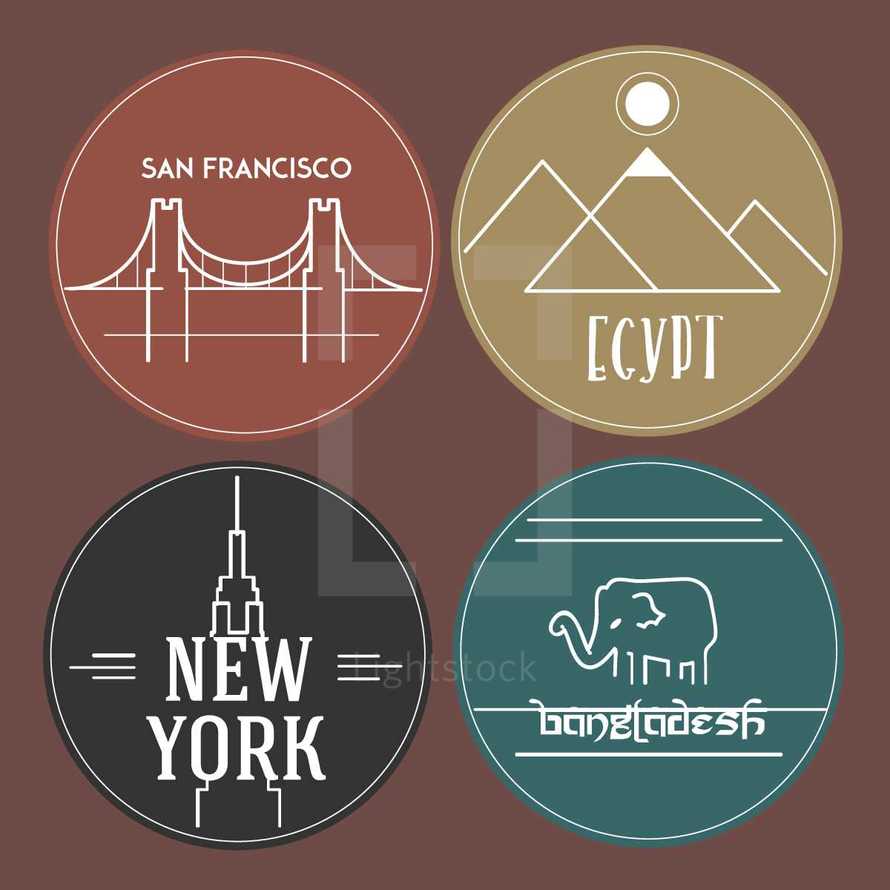 travel, stickers, New York, Bangladesh, Egypt, San Francisco, badge 