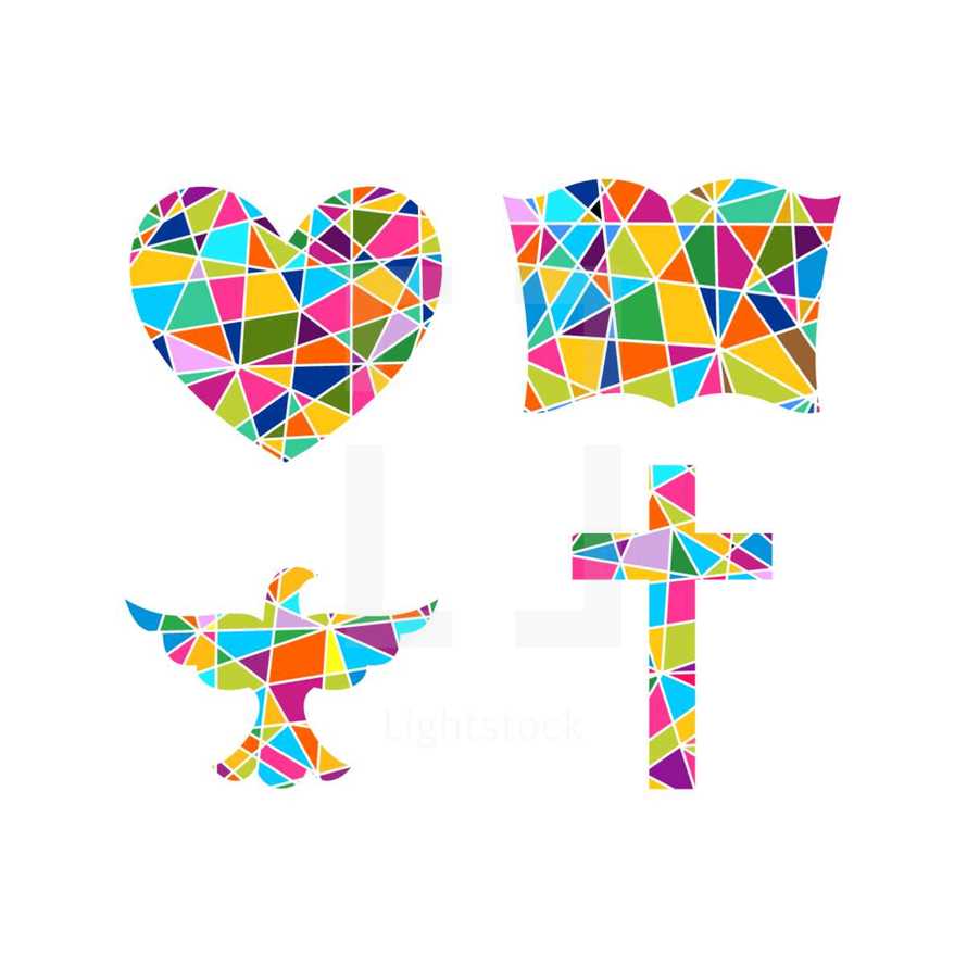 stained glass heart, dove, cross, and Bible icons