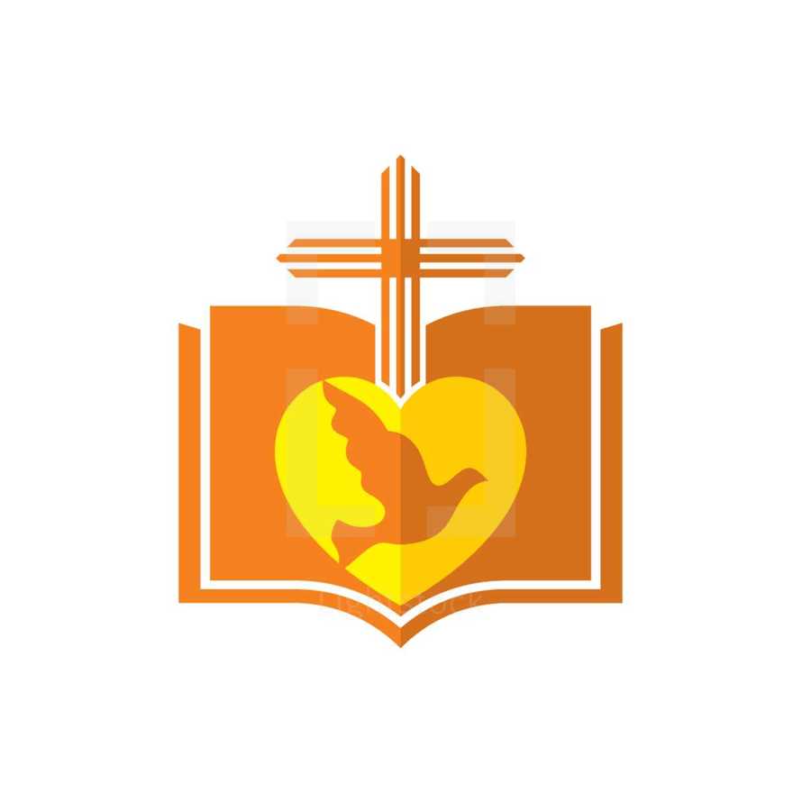 Bible, cross, heart, dove, icon, orange, yellow 