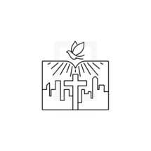 Church logo. Christian symbols. The open Bible, the cross of Jesus and the city.
