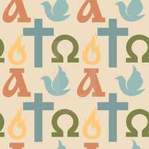 alpha and omega, flame, dove, cross, pattern background 