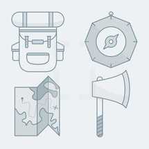 exploration icon set [backpack, compass, map, ax]