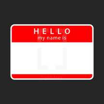 Hello my name is empty sticker. Red blank name tag badge is rounded rectangular shape. A name tag is a badge or sticker that is required to display the owner's name for other people to view. Quick and easy recolorable shape isolated from the dark gray background. The design graphic element saved as a vector illustration in the EPS file format for used in your design projects. 