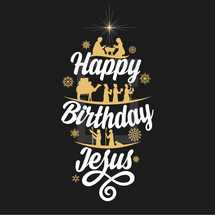 Christmas story. Biblical typography. The shepherds and the wise men go to Bethlehem to worship the King Jesus. Happy Birthday Jesus