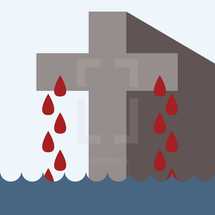 The blood from the cross of Christ dripping down into the waters of baptism