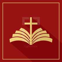 cross and Bible logo in red and gold 