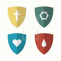 shields, heart, icon, blood, drop, droplet, water, crown of thorns, cross 