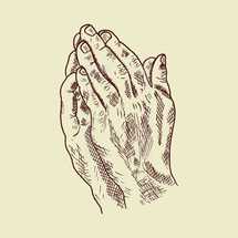 sketched illustration of praying hands.