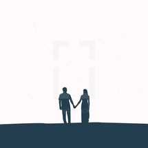 silhouette of couple holding hands.