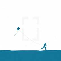 silhouette of child running with a kite.