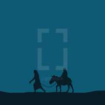 silhouette of Joseph and Mary on a donkey.