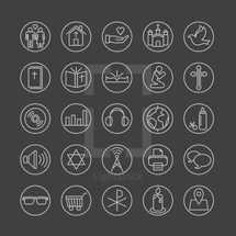 Simple line icons set, marriage, love, man, woman, family, worship, homosexuality, gay, home, give, church, Jesus, dove, holy spirit, bible, bible study, prayer, praying, cross, disc, media, music, sound, headphones, globe, world, missions, iconic, baby, pacifier, bottle, listen, star of David, Jewish, radio, broadcast, print, printer, icon, speech bubble, friend, friends, chat, glasses, hipster, shopping, cart, Chi Rho, candle, location.