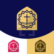 crown of thorns and cross on a Bible logo 